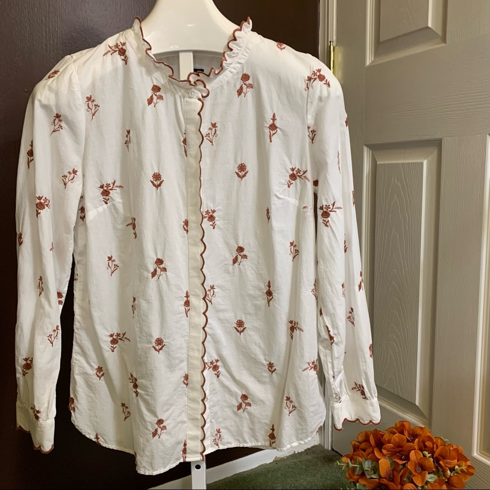 Talbots Blouse Cotton White Tobacco Embroidered Sz M